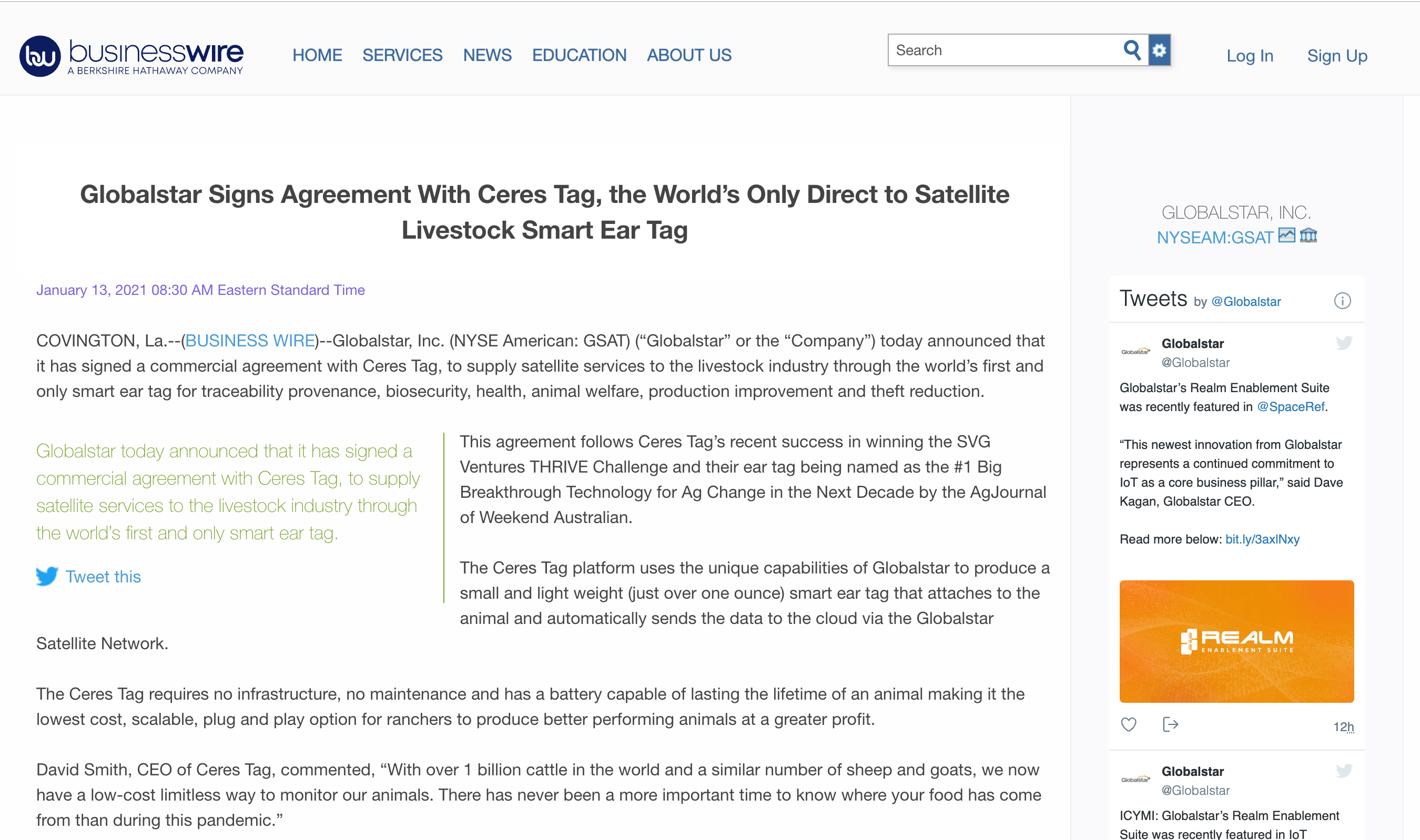 Globalstar Signs Agreement With CERES TAG, the World’s Only Direct to Satellite Livestock Smart Ear Tag